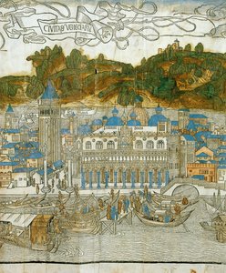 Venecia y el antiguo campanile antes de su destrucción por el terremoto, de Pregrinatio in Terram Sanctam, impreso por primera vez en 1486 ... (xilografía) de Jacopo de