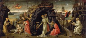 Paisaje con escenas bíblicas y escenas de leyendas de santos de Jacopo del Sellaio