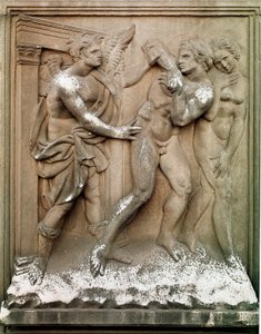 Adán y Eva. Cacerías del Paraíso Terrenal. Bajo relieve en mármol de Jacopo Della Quercia (1374/8-1438) 1430-1435. Dim. 86x68 cm. Bolonia, Iglesia de San Petronio de Jacopo della Quercia