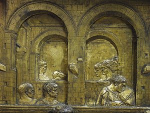 Banquete de Herodes, detalle del fondo con el músico y Salomé llevando la cabeza de San Juan Bautista en una bandeja. Bajorrelieve de la pila bautismal realizado por Jacopo della Quercia (1374-1438) de Jacopo della Quercia