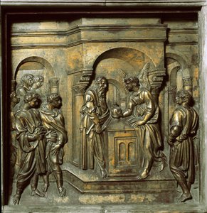El ángel aparece a Zacarías (baldosa de bronce de la fuente bautismal, c.1427) de Jacopo della Quercia