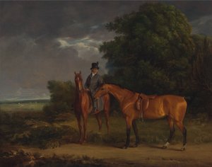 Un novio montado en un cazador castaño, sujeta por las riendas a un cazador bayo de Jacques-Laurent Agasse