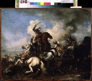 ""Le combat de chevaliers"" (Combate de caballería) Pintura de Jacques Courtois (1621-1676) Museo de Arte Mikhail Kroshitsky del siglo XVII, Sebastopol (Sebastopol) Ucrania de Jacques Courtois