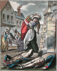 Mujeres ayudando a los heridos durante la Revolución Francesa, grabado por Labrousse, c.1795