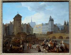 Revolución Francesa: Vista del puente y la bomba Notre-Dame en París de Jacques Albert Senave