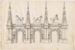Un Arco Triunfal con Caballos Engalanados y Pináculos Ornamentados de Jacques Androuet Ducerceau I