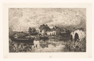 Vista de un pueblo ribereño con un puente a la derecha y a la izquierda de Jacques Barthélemy Appian (Adolphe)