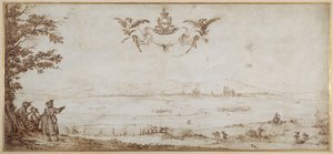 Vista de Toul a través de la llanura, paisaje con figuras, el cielo con los brazos de Porcellets