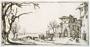 Un carro de heno siendo llevado a la puerta medieval de un pueblo, un hombre cortando una rama, de un álbum perteneciente a Israel Silvestre, c.1630 de Jacques Callot