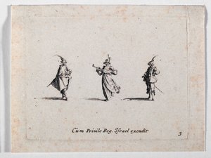 Una dama haciendo música y dos caballeros, de ... (grabado) de Jacques Callot