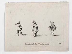 Una dama con sombrero emplumado y dos caballeros, de ... (grabado) de Jacques Callot