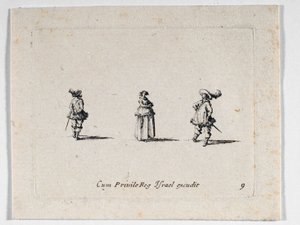 Una dama de brazos cruzados y dos caballeros, de ... (grabado) de Jacques Callot