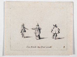 Una dama con la mano extendida, vista de espaldas, y dos caballeros, de Les Fantaisies de Noble J. Callot ... (grabado) de Jacques Callot