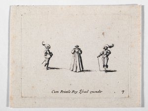Una dama con vestido ricamente plisado, vista de espaldas, y dos caballeros, de Les Fantaisies de Noble J. Callot ... (grabado) de Jacques Callot