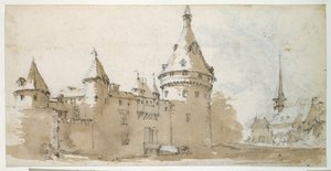 Un castillo con torres y una iglesia de Jacques Callot