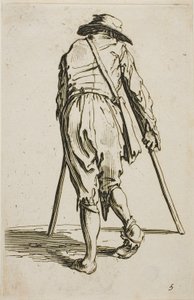 Mendigo con muletas y sombrero, visto de espaldas, lámina cinco de Los mendigos de Jacques Callot