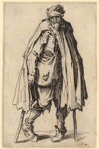 Mendigo con muleta y bolsa bandolera, lámina 10 de la serie «Los mendigos» de Jacques Callot