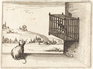 Gato observando un pájaro enjaulado de Jacques Callot