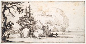 Rocas fantásticas en la costa, edificios en la orilla de Jacques Callot