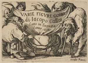 Frontispicio, de Varie Figure Gobbi, suite también llamada Les Bossus, Les Pygmées, Les..., 1616-22 de Jacques Callot