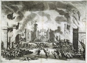 Ilustración de la obra "El Solimán" (Il Solimano). Tragedia de Próspero Bonarelli, Acto V, Escena V, 8 de diciembre de Jacques Callot