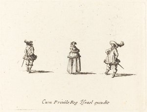 Dama con los brazos cruzados y dos caballeros