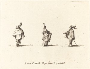 Dama con vestido recogido y dos caballeros de Jacques Callot
