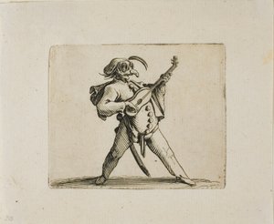 Comediante enmascarado tocando la guitarra, de Varie Figure Gobbi de Jacques Callot