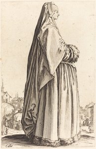 Mujer noble con velo y vestido adornado con piel de Jacques Callot