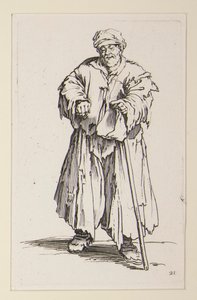 Hombre obeso con los ojos bajos, de los Mendigos (Le mendiant obese aux yeux baisses) de Jacques Callot