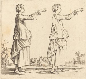 Mujer campesina, de perfil, mirando a la derecha, con el brazo extendido, 1617 y 1621