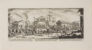 Saqueando y quemando un pueblo, lámina siete de Las miserias de la guerra de Jacques Callot