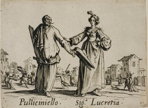 Pulliciniello - Signora Lucretia, lámina 9 de Balli di Sfessania de Jacques Callot