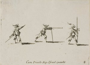 Tomando la posición de disparo con el mosquete, lámina ocho de Los ejercicios militares de Jacques Callot