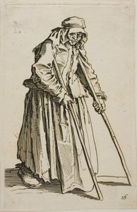 El mendigo con muletas y su cartera de mendigo, lámina diez de Los mendigos de Jacques Callot