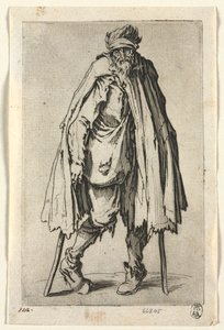 Los mendigos: mendigo en muletas con una bolsa de Jacques Callot