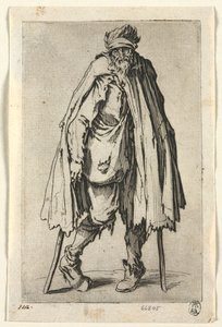 Los mendigos: Mendigo con muletas y una bolsa, c. 1623 de Jacques Callot
