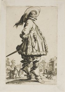 El caballero con un manto adornado con piel, con las manos detrás de la espalda, lámina siete de La Nobleza de Jacques Callot