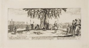 La horca, lámina once de Las miserias de la guerra de Jacques Callot