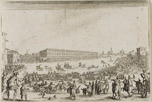 La carrera de caballos en el Palacio Pitti, en Florencia, de Los Caprichos de Jacques Callot