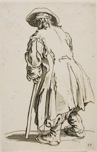 El viejo mendigo apoyado en su muleta, lámina diecisiete de Los mendigos de Jacques Callot