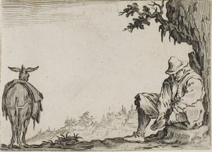 El campesino quitándose los zapatos, de Los Caprichos de Jacques Callot