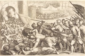 Las tropas forzando la puerta de una ciudad