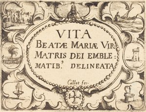 Página de título para "La vida de la Virgen en emblemas" de Jacques Callot