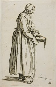 Mujer mendiga sosteniendo limosnas, lámina 20 de Los mendigos de Jacques Callot