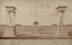 Plan para los monumentos conmemorativos del 14 de julio y 10 de agosto, para ser colocados en la Place du Carrousel (pluma y tinta sobre papel) de Jacques Delannoy