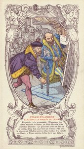 Carlos V recogiendo el pincel de Tiziano después de que lo dejara caer mientras trabajaba en un retrato del Emperador de Jacques Emile (after) Blanche