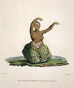 Mujer bailando de la isla de Maui, en las Islas Hawaianas, grabado por Parfait Augrand (n.1782) de Jacques Etienne Victor Arago