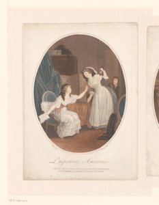 Interior con dos elegantes damas, en la puerta un niño
L