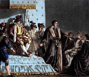 El Canciller François Olivier (n. 1488) Desbarata las Tramas del Embajador de Fernando I (1503-64), grabado por Jean Baptiste Morret (fl. 1790-1820)